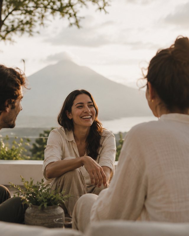 Cuatro personas conversando al atardecer frente al lago y el volcán
