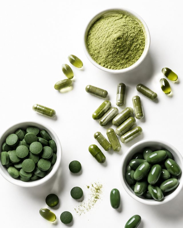 Cápsulas, tabletas y polvo verde en cuencos