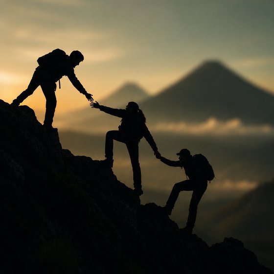Excursionistas ayudándose a alcanzar la cumbre frente a los volcanes