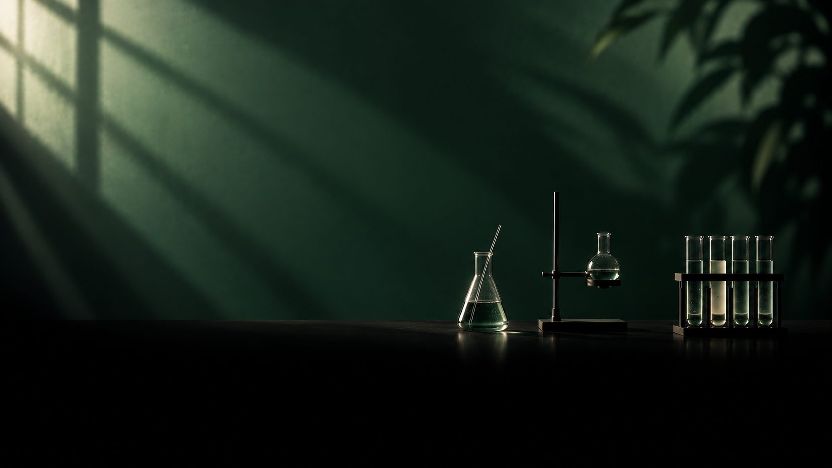 Mesa de laboratorio con matraz, soporte y tubos de ensayo sobre mármol