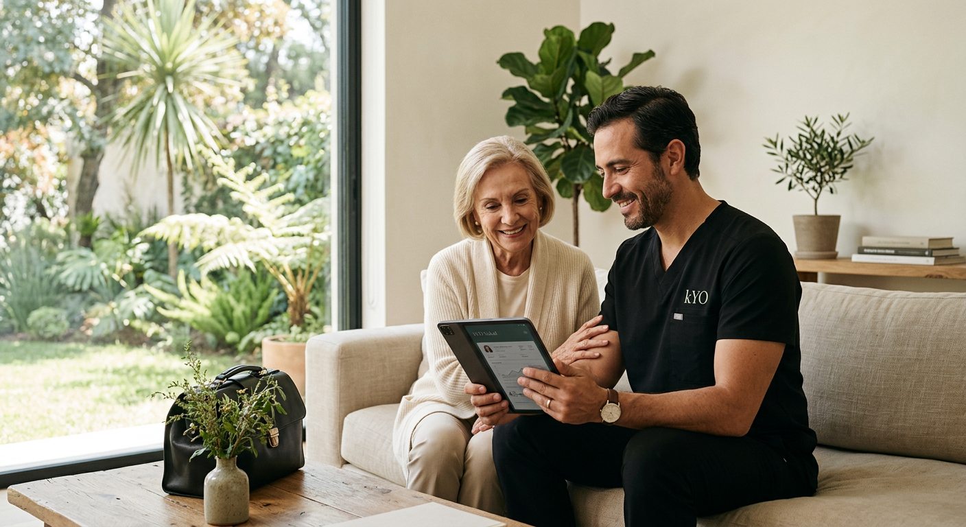 Médico kYO revisando resultados en tableta junto a una paciente