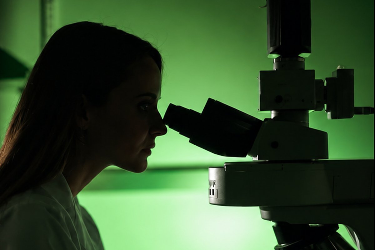 Científica analizando una muestra en el microscopio del laboratorio