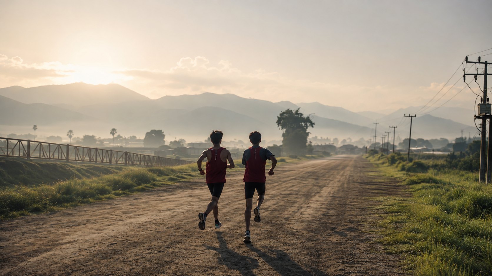 Dos corredores al amanecer por un camino de tierra, con las montañas al fondo